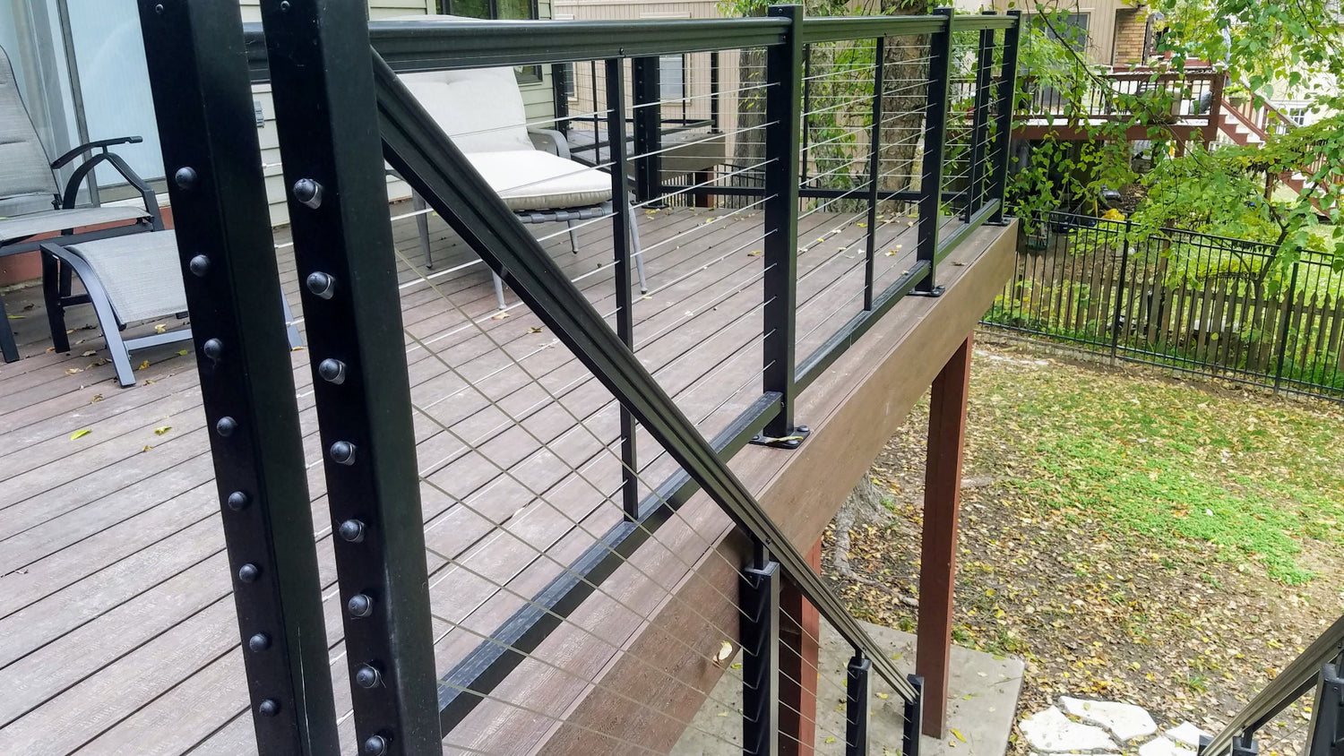 Cable railing like this horizontal cable strung through feeney designrail kit posts with cablerail kits by feeney are perfect for diy cable handrail and are in stock for sale