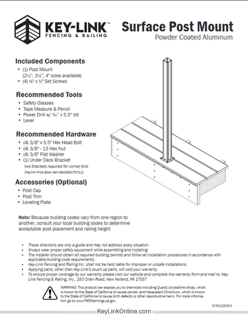 Key-Link Surface Mounte Post Installation Guide with included components, recomended tools, Hardware and more!