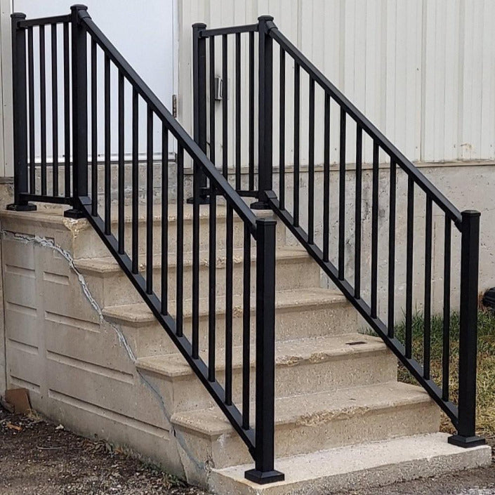 Tuscany C10 Black Railing, Aluminum Railing in Black Fine Texture, level landing, stair railing, taller posts at the bottom, Westbury C10 Black Fine Texture,