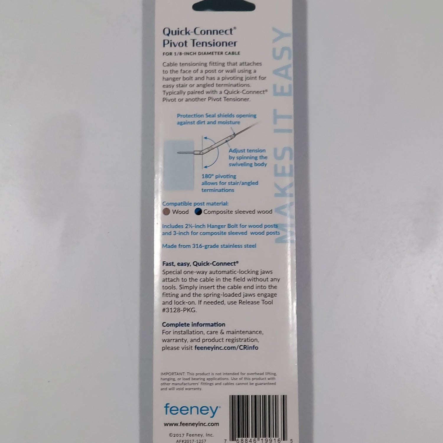 Pivot Tensioner back of package describes the 9916 fitting and it's purposes. Quick connect lag pivot tensioning fittings work great with all build your own fittings